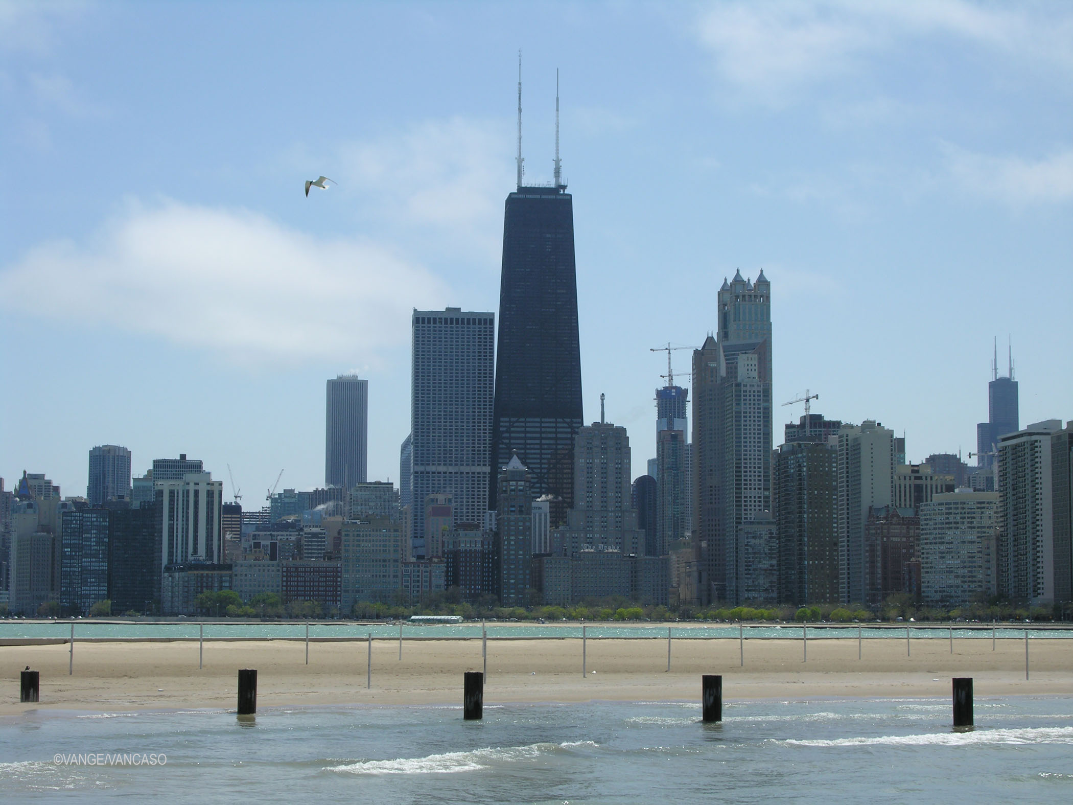 View of the John Hancock Center from Oak Street Beach, Chicago, Illinois